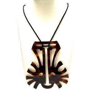 Rare Lea Stein Paris Necklace — Signed XL Tortoiseshell Tribal Mask Pendant